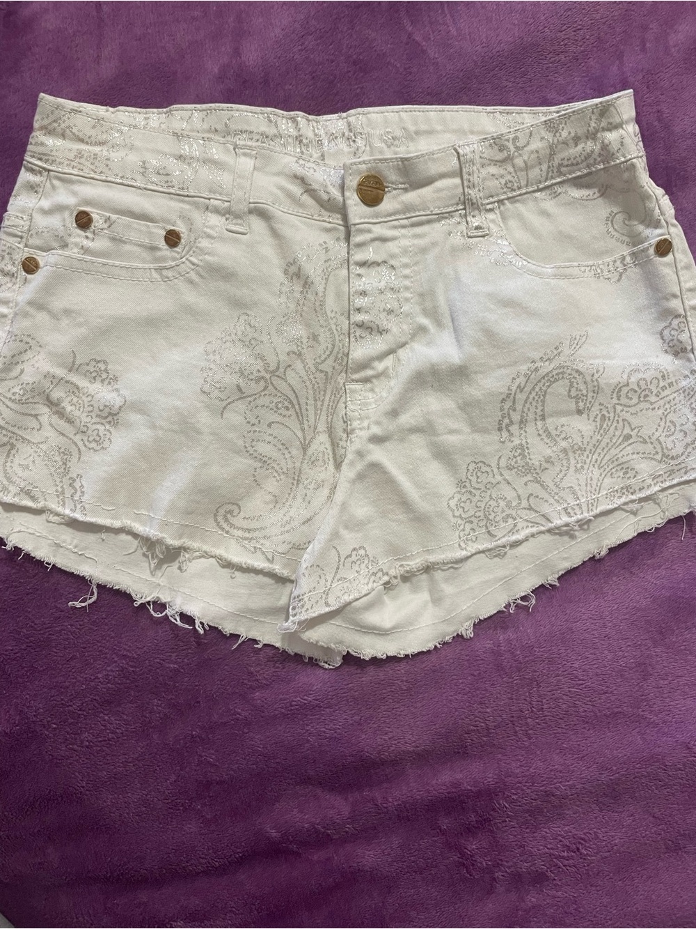 White Paisley Print Denim Shorts with Frayed Hem